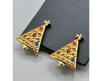 Christmas Tree Clip On Earrings Triangle Gold Tone & Rhinestones Costume Jewelry