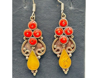Ethnic Dangles Earrings Glass Stones Silver Tone Pierced Boho Colorful Jewelry