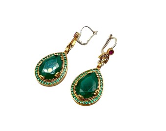 Gold Over Sterling Green Emerald Earrings Genuine Stones Pierced Long Drop Dangles
