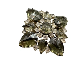 Vintage Grey Black Diamond Shape Rhinestones Pin Brooch Silver Tone Layered Pin