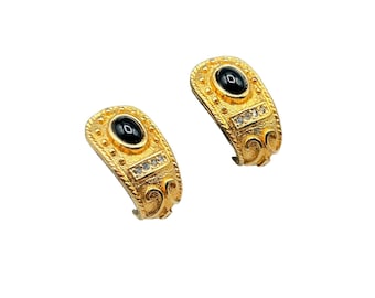Vintage Clip On Earrings Gold Tone Metal Black Cabochons Half Hoop Shrimp Design