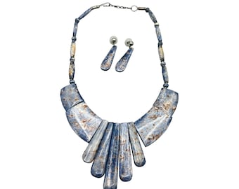 Vintage Tribal Necklace Earrings Set Simulated Gemstone Irregular Beads Fan Bib