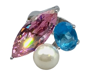 Costume Ring Size 8 Pink and Blue Glass Stones with Faux Pearl Silver Tone Metal