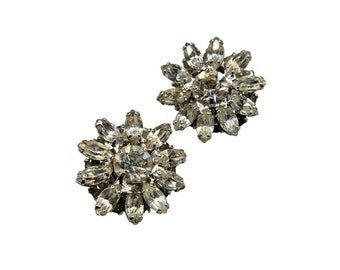 Vintage Clip On Earrings Layered Dimensional Flowers All Clear Prong Set Stones
