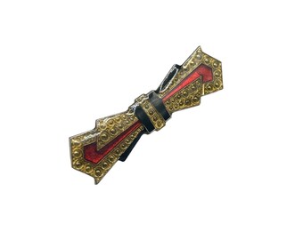 Pierre Bex Inspired Art Deco Style Pin Brooch Geometric Bow Red Black Gold Color
