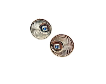 Vintage Silver Tone Cufflinks with Blue Stone Center Round Shaped