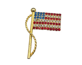 American Flag Pin Brooch Patriotic Red White Blue Rhinestones USA Flag Pin