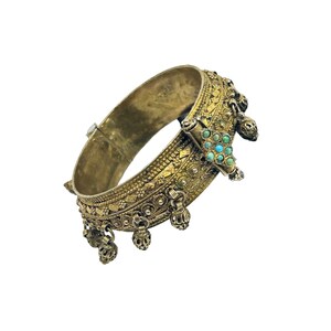 Antique Sterling Silver Gold Gilt Hinged Bangle with Dangles & Turquoise Clasp