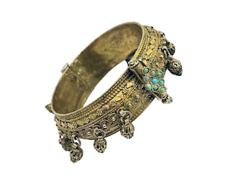 Antique Sterling Silver Gold Gilt Hinged Bangle with Dangles & Turquoise Clasp