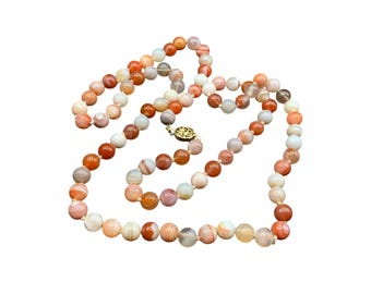 Striped Agate Necklace 14K Gold Hand Knotted Round Semi-Precious Stones Necklace