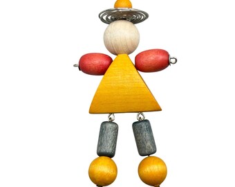 Wood Doll Pin Brooch Handcrafted Articulated Beaded Wood Jewelry