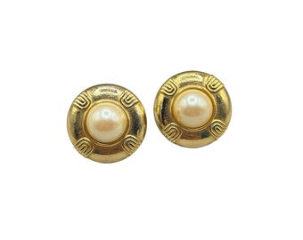 Vintage Gold Tone Clip On Earrings with Faux Pearl Center 1 Inch Diameter