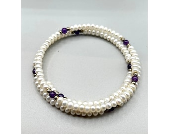 Memory Wire Bracelet Genuine Fresh Water Pearls with Amethyst Beaded Bangle