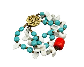Vintage Multistrand Bracelet Turquoise White & Red Glass Beads Filigree Clasp