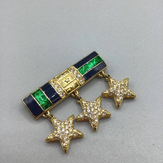 Green and Blue Enamel Bar Pin Dangling Stars Sign… - image 2