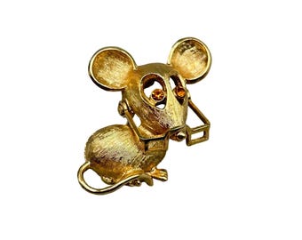 Vintage AVON Mouse with Eyeglasses Pin Brooch Gold Tone & Topaz Rhinestones Eyes