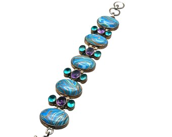 Colorful Purple and Blue Sterling Silver 925 Semi Precious Stones Bracelet 8"