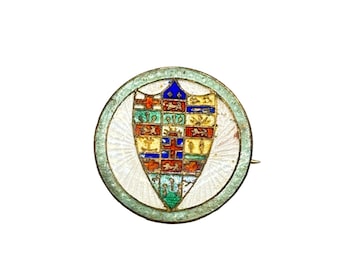 Antique Enamel Shield Guilloche Pin Brooch Colorful Shield Round