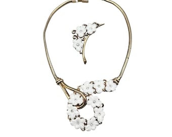 Trifari 1951 Necklace And Brooch Set White Forget Me Not Flowers Alfred Philippe Design