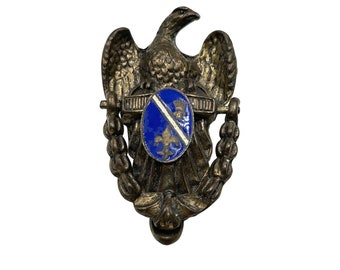 Vintage Eagle Door Knocker Pin Brooch Blue Enamel Crest Antiqued Gold Tone Metal