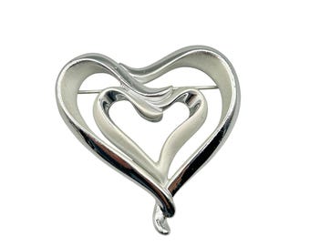 Silver Hearts Brooch Vintage Costume Jewelry Pin Matte And Polished Silver Tone Double Heart