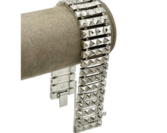 Vintage Signed TRIFARI Textured Silver Tone Bracelet Wide Retro Classic Design