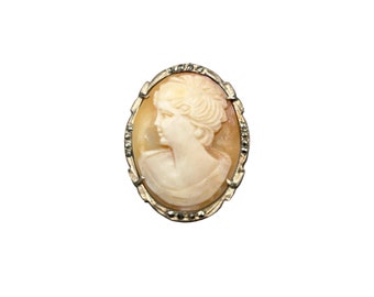 Silver 800 Genuine Carved Shell Cameo Brooch Pendant Vintage Facing Left Cameo