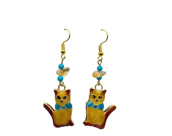 Enamel Ginger Cat Dangle Earrings with Bead Accents Double Sided Kitty Cat Lover