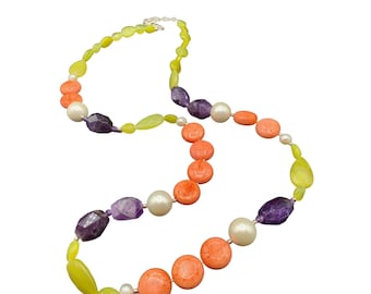 BARSE Polished Stones Necklace Coral Amethyst and Faux Pearls Sterling Clasp