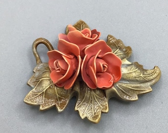 Vintage Peach Roses Brooch Coral Color Celluloid Plastic Lightweight Costume Pin