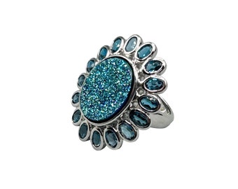 Blue Topaz & Druzy Stone Ring Size 7 Sterling Silver Blue Flower Elegant Ring
