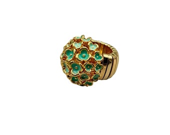 Adjustable Teal Flowers Cluster Ring Expandable Stretch Band Gold Tone & Enamel