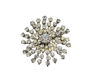 Vintage Clear Rhinestones Pin Brooch Silver Tone Spray of Crystals Layered Pin