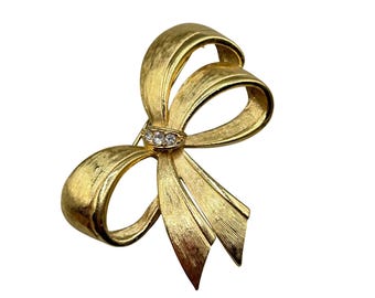 Avon Bow Pin Brooch Gold Tone And Rhinestones Puffy Textured Gold Color