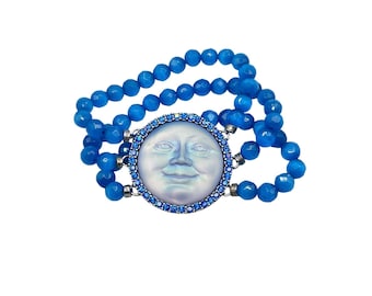 Kirks Folly Seaview Moon Bracelet Blue Rhinestone Beads Stretch Elastic