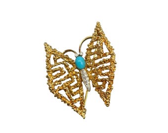 PANETTA Butterfly Pin Brooch Gold Tone Faux Turquoise Rhinestones Brutalist 70s