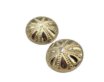 Vintage Carolee Gold Tone Clip On Earrings Domed Button Round Floral Design