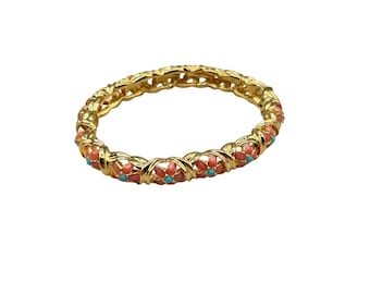 NOLAN MILLER Hinged Bangle Bracelet Gold Tone and Coral Enamel Flowers