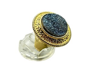 Blue Druzy Ring Size 8 Round Gold Tone Metal Glittery Mystic Sparkly Stone Ring