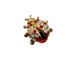 Vintage Lady Bug Pin brooch Signed DT Red Rhinestones Gold Tone Metal Bug Instect Pin