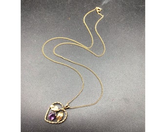 Heart with Amethyst Pendant Necklace Gold Filled Chain & Charm Vintage Necklace
