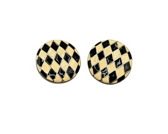 Vintage Clip On Earrings Black & Cream Checkered Round 80s Jewelry