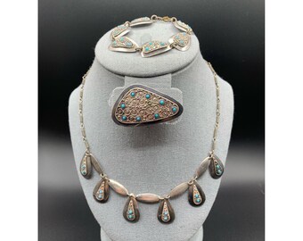 Made in Israel Jerusalem Sterling Silver Jewelry set - Necklace bracelet and brooch