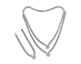 Crystals Necklace And Bracelet Set Fancy Elegant Cruise Prom Jewelry Silver Tone