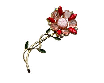 Vintage Statement Brooch Flower with Stem Pink & Red Rhinestones Confetti Center