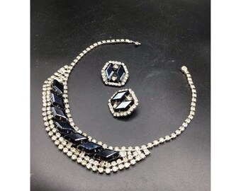 Vintage Black Clear Rhinestones Necklace & Clips Earrings Set Specialty Stones