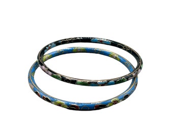 Thin Cloisonne Bangles Bracelets Black and Blue Color Enamel Oriental Jewelry