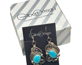 GILBERT ORTEGA Galleries Native American Turquoise Earrings Pierced Dangles Sterling SIlver