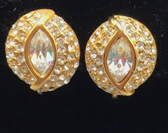 Signed Napier Classic Clip On Earrings Gold Tone & Rhinestones Eye Shaped Stone