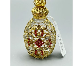 Vintage Miniature Perfume Bottle Scent Czech Gold Tone Filigree Red Rhinestones